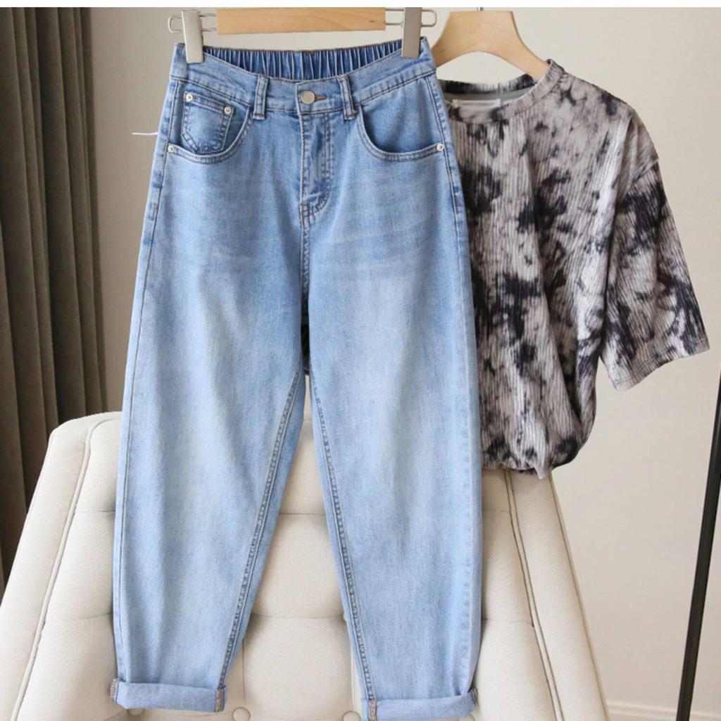 Women's High-Waist Stretch Jeans, 2024: Loose Fit, Straight Slim, Large-Size, Elastic Waist, Nine-Point Length, Harem Style.