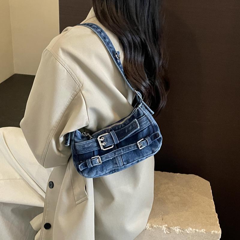 Y2K Washed Denim Shoulder Bag with Buckle Detail Zipper Closure Casual Underarm Purse for Daily Use