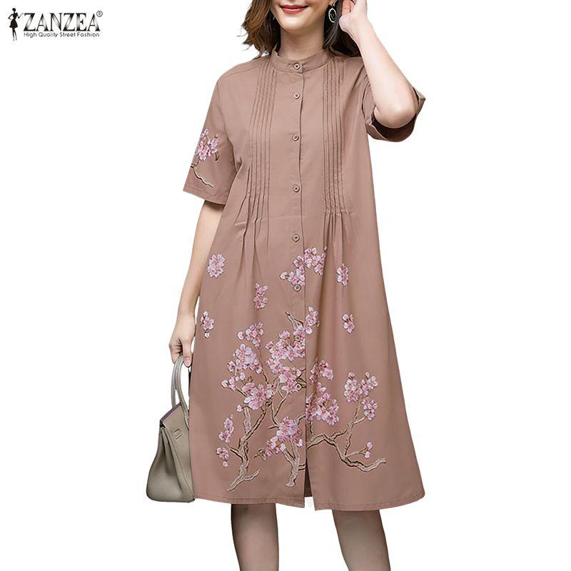 ZANZEA Women Casual Round Neck Half Sleeve Loose Floral Print Dress