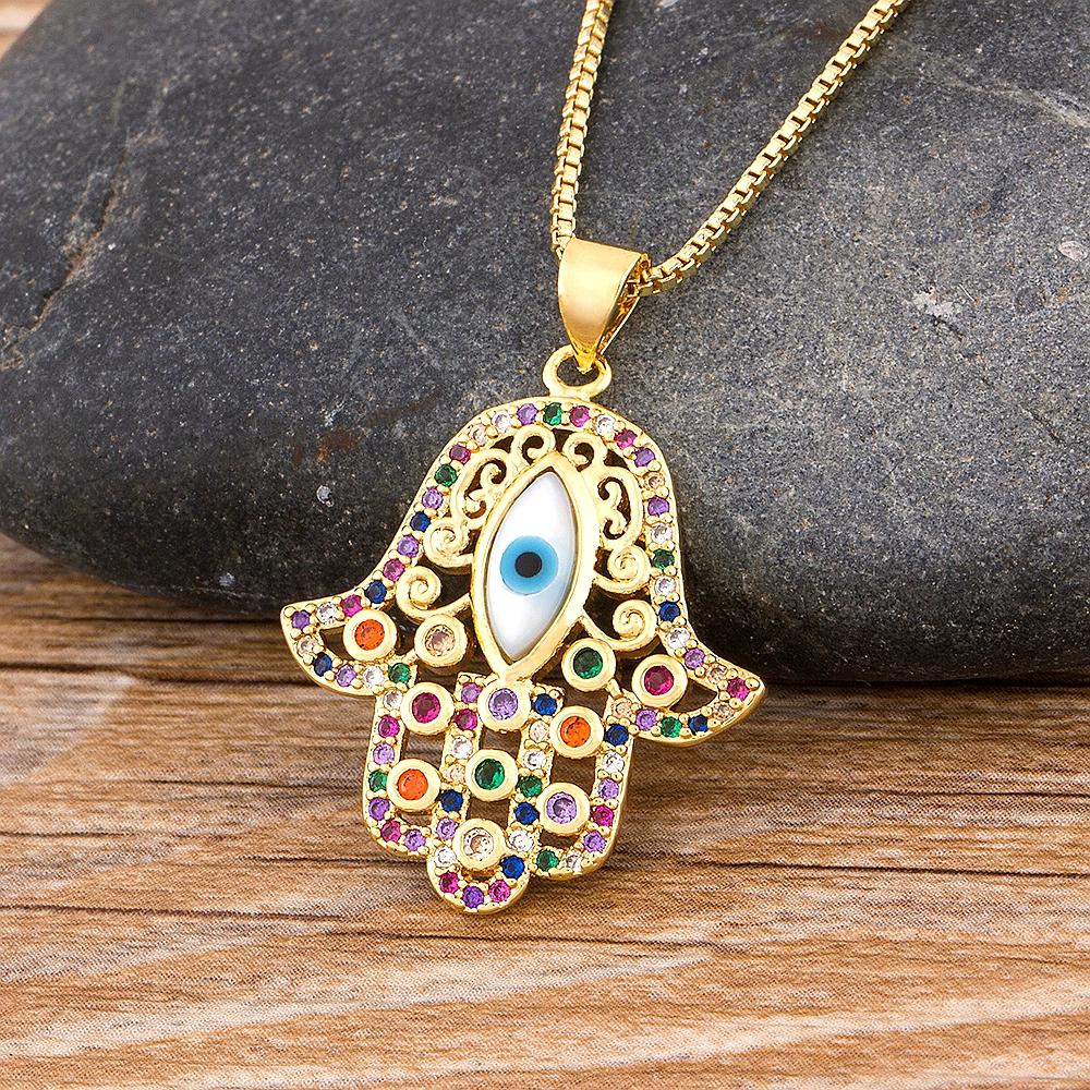 Nidin Hot Sale Women Men Hamsa Hand Necklace Gold Plated Copper Zircon Evil Eye Pendant & Chain Hip Hop Turkish Luck Jewelry