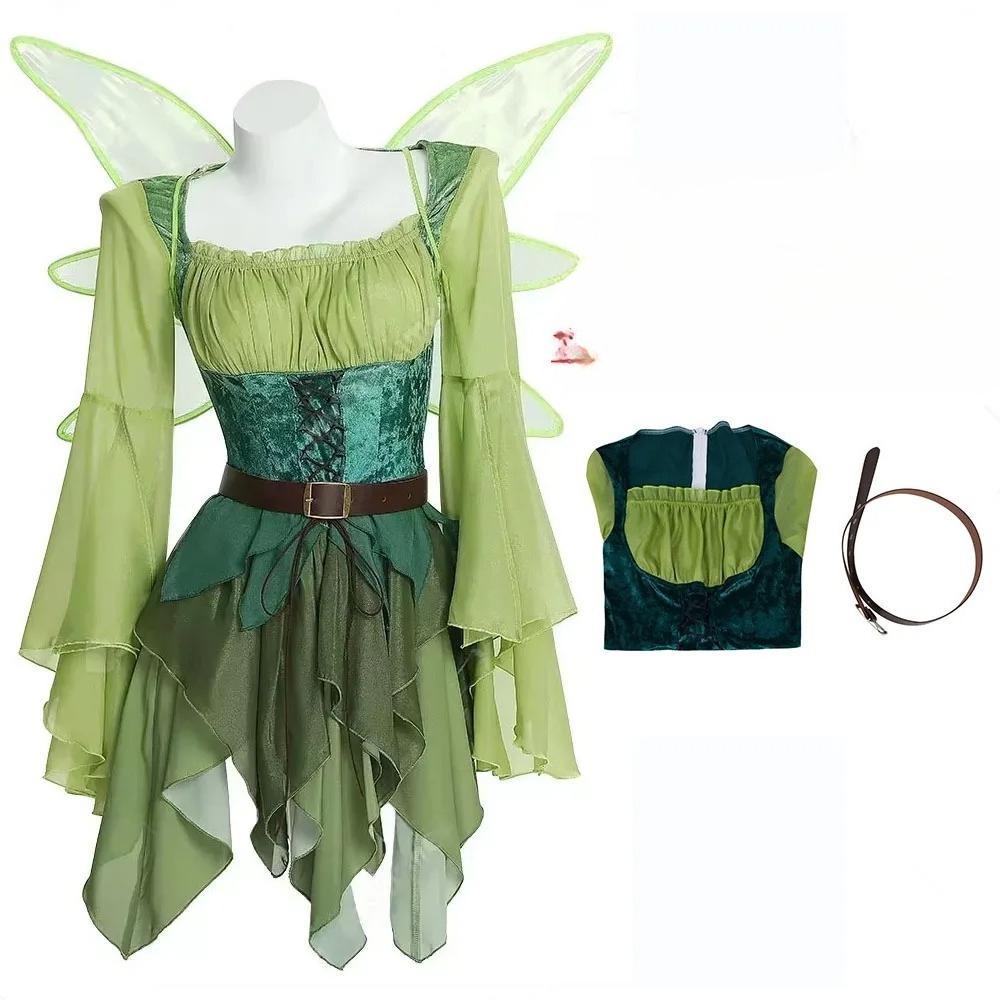 Women's Elf Medieval Green Fairy Dress Magical Elf Dress and Belt with Wings Halloween Cosplay Costumes Elf role-playing costume