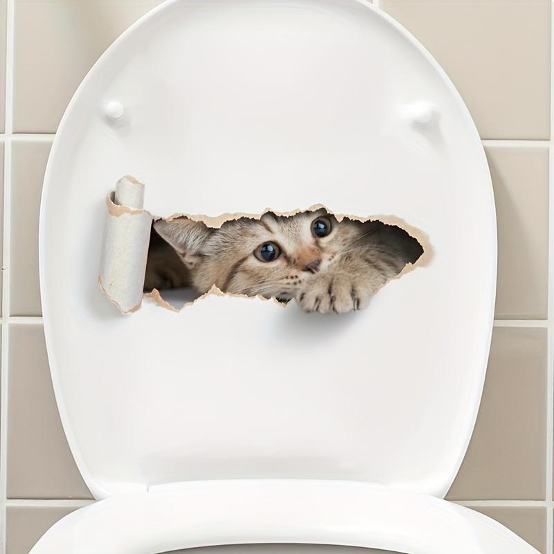 3D Visual Cat Toilet Seat Sticker,Cartoon Hole Breaking Kitten Sticker,2D Waterproof Bathroom Decal, Self-Adhesive Wall Decor
