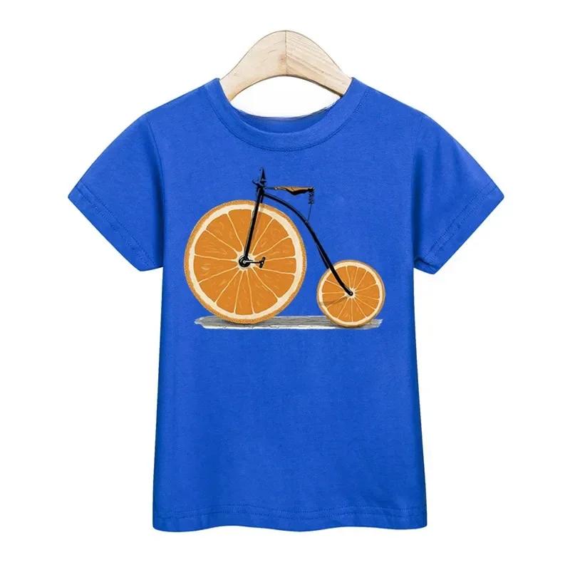 Children 2026 New Summer Tshirt Fruit Bicycle Funny Shirt Boys Girls Cartoon Tops Short Sleeve Tees