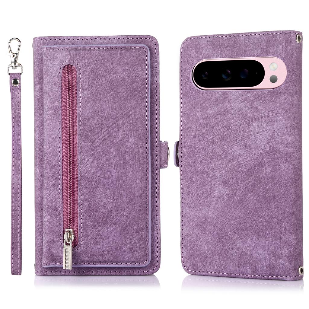 For Google Pixel 10 Pro XL/9 Pro XL Case Zipper Pocket 9 Card Slots PU Leather Phone Cover with Wrist Strap