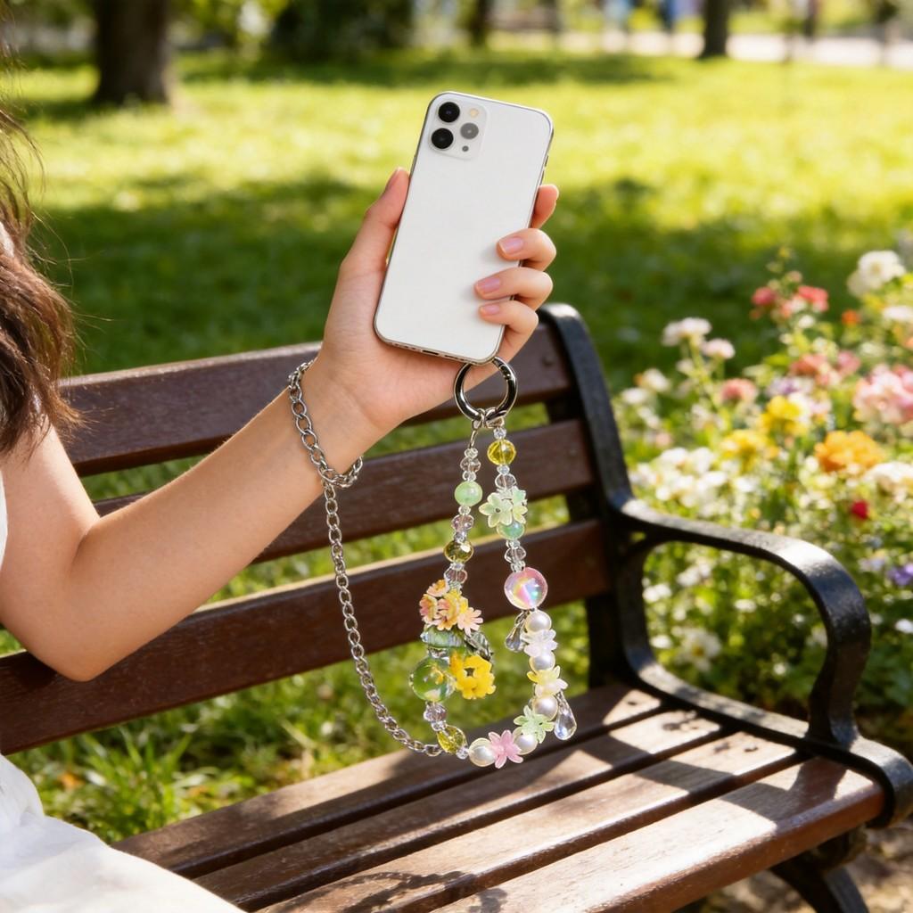 Pvc Floral Phone Lanyard With Crystal Pendant Handcrafted For Women And Men