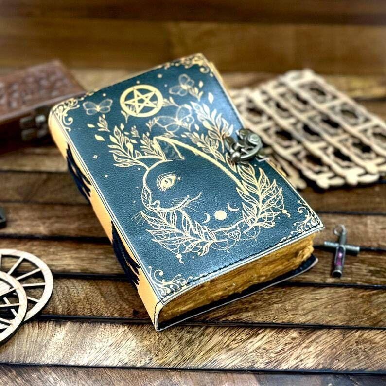 Grimoire journal Leather Print caltic cat journal Blank spell book of shadows