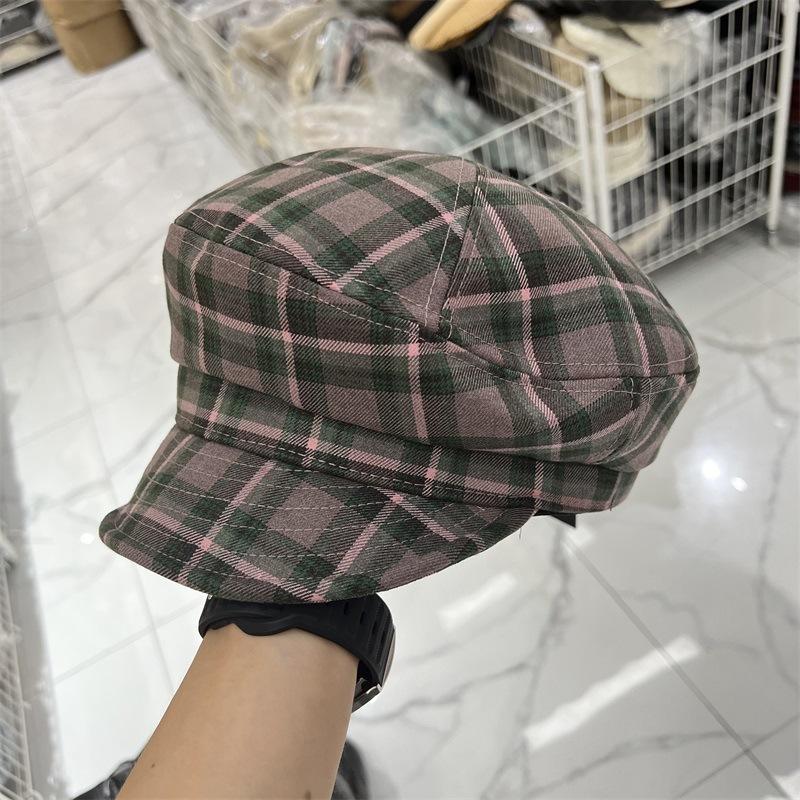 New retro polished plaid soft brim cap women's literary small fresh beret pastoral newsboy hat