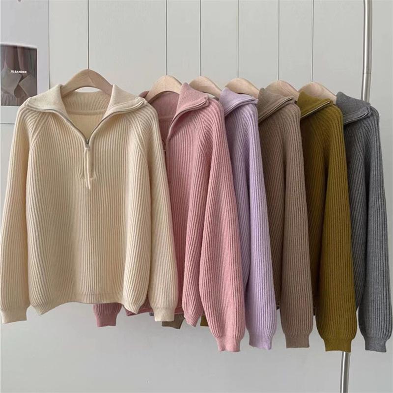 2024 Autumn/Winter Women's Zipper Pullover: Stand-Up Collar, Ribbed, Loose Knit Sweater