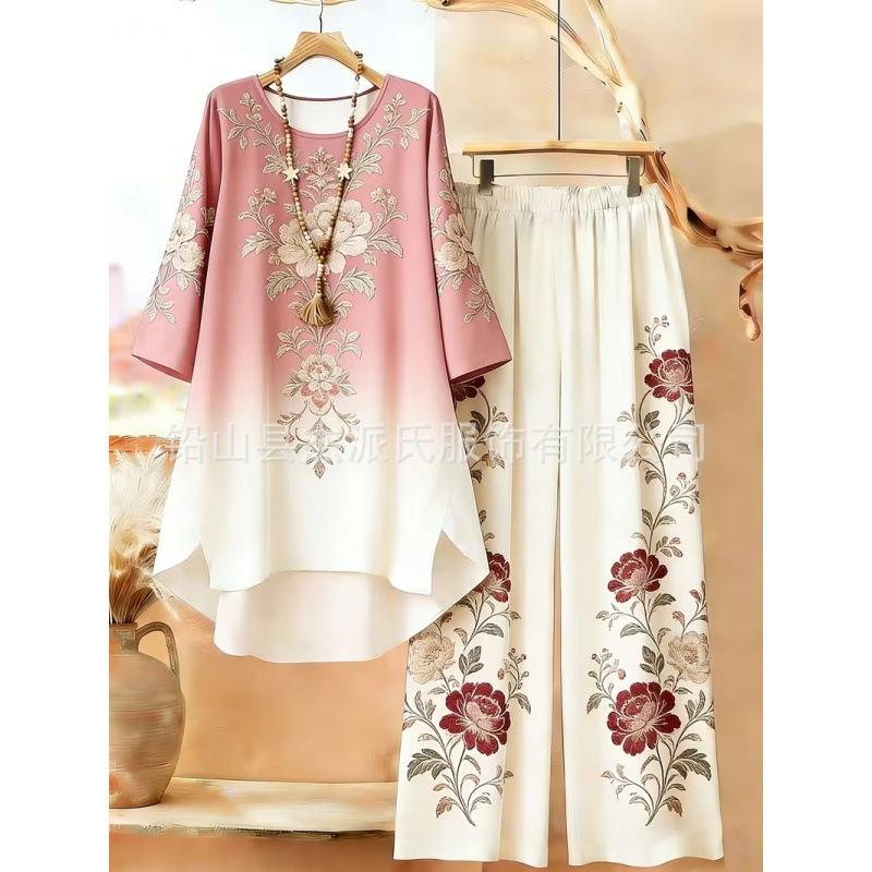 1116 European and American plus-size women's new vintage bohemian style round neck mid-sleeve set