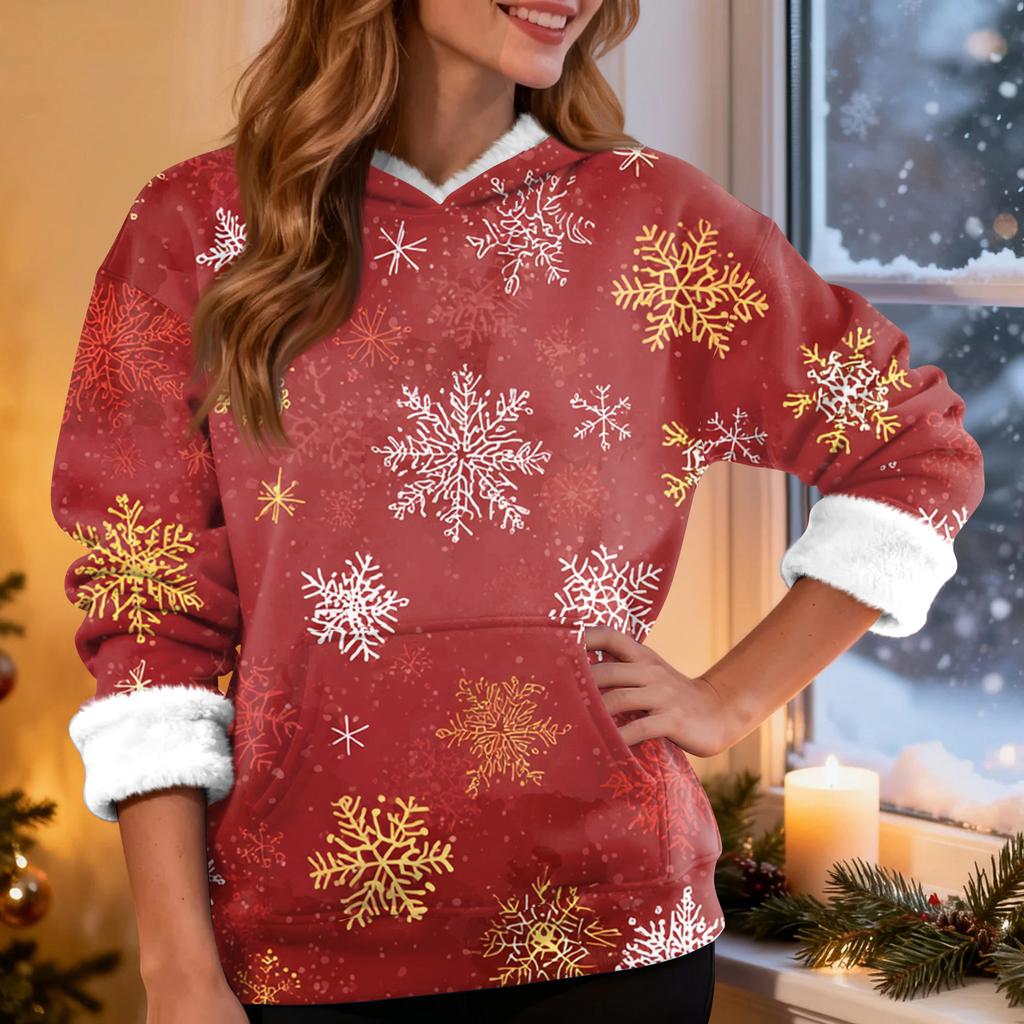 Women's Casual Fashion Plus Velvet Thickened Christmas Print Hooded Sweatshirt