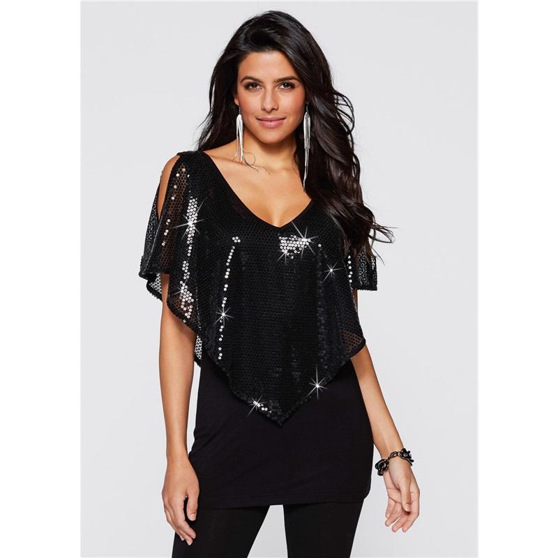European And American Style Sequin V Neck Spliced Cotton Sexy V Neck Shawl Sleeve T-shirt Versatile Top Fashionable Women's T-shirt