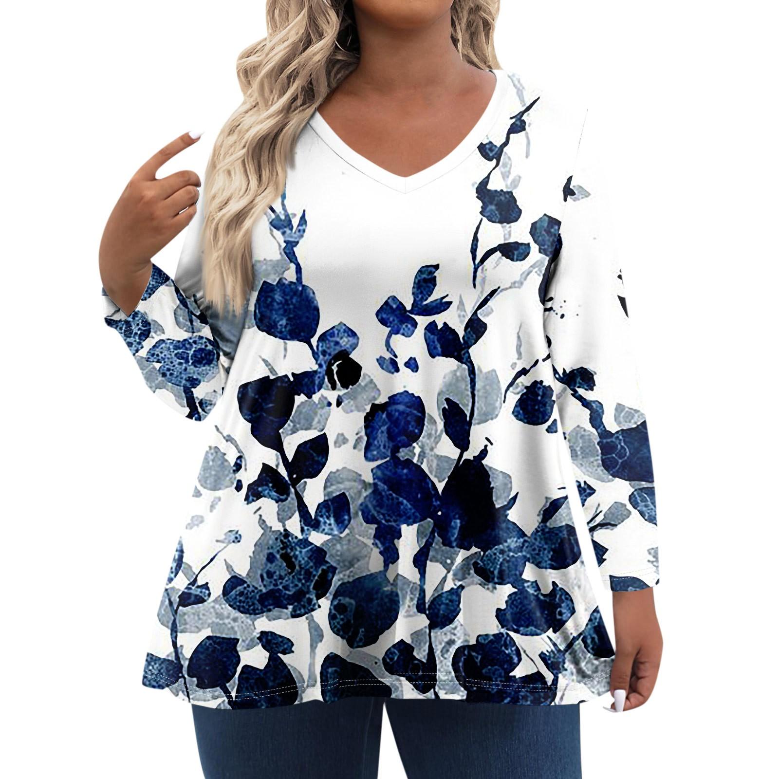 

Женские топы больших размеров, рубашки с длинными рукавами, повседневная одежда с V-образным вырезом, топы с принтом L