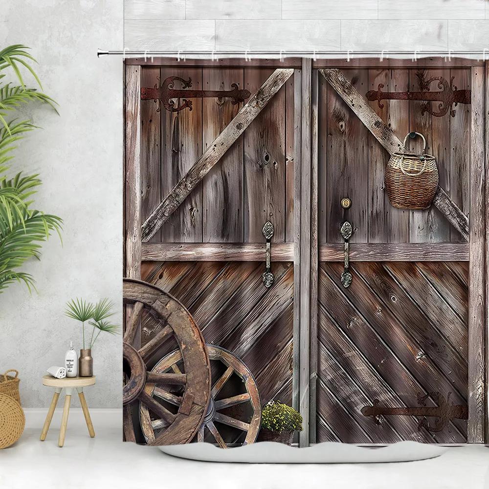 Vintage Wooden Door Shower Curtain, Farm Barn Door Wheel Horseshoe Pentagram Rustic Plank Home Bathroom Decoration Curtain Set