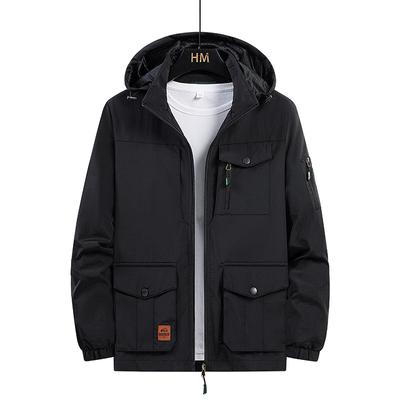 Plus Size Jacket Men's Outdoor Casual Hooded Jacket with Multiple Pockets, Windproof and Waterproof Spring and Autumn Thin Jacket