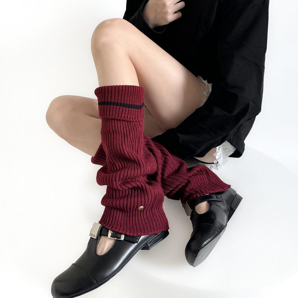 Metal Buckle Design Cuffed Loose Slouchy Leg Warmers for Women Autumn Winter Warm Striped Preppy Style