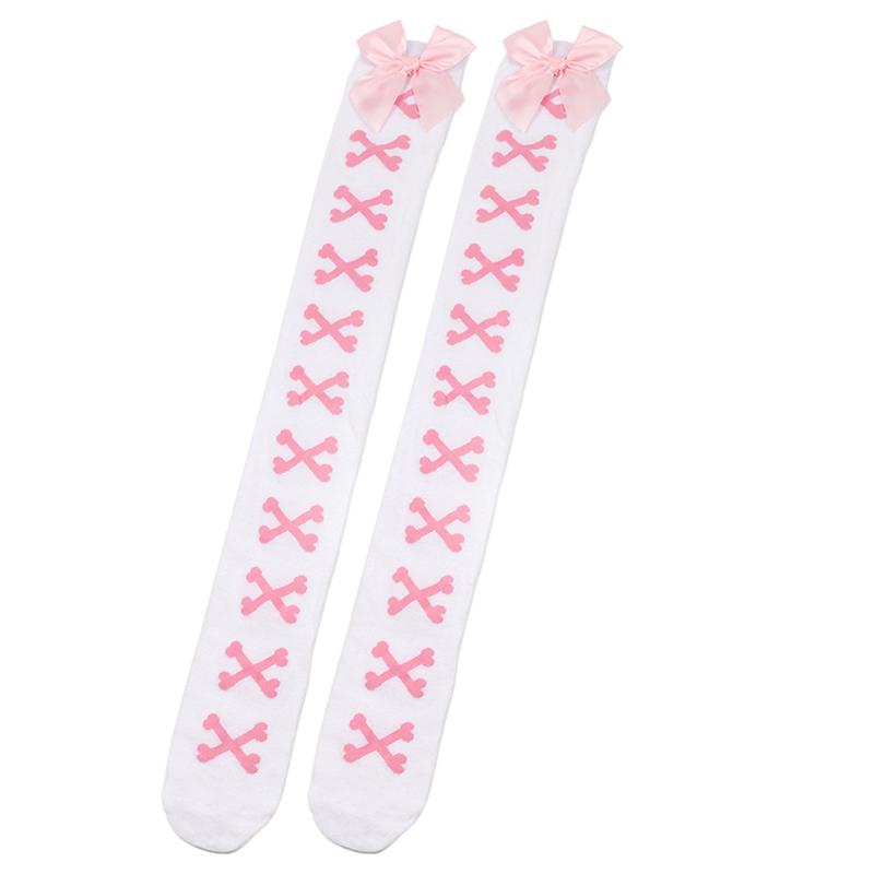 1 Paar Mädchen Schwarz Süß Niedlich Rosa Y2K Harajuku Lolita Oberschenkelhohe Strümpfe Mädchen Knochen Schleife Socken Streetwear
