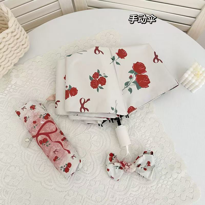 Women, UV protection for sun shading, dual use for sun and rain,  3 folding umbrellas Bow, flower patterned umbrella