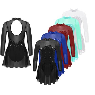 Kinder Mädchen Eiskunstlauf Tanzkleid Langarm Glänzende Strass Mesh Ballett Gymnastik Trikot Kleider Wettbewerb Dancewear