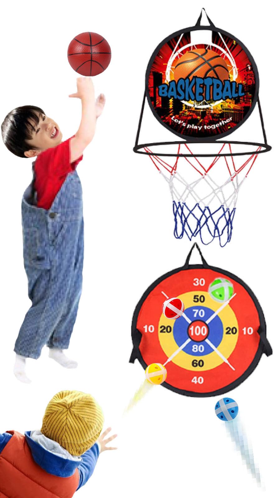 

Дитячий баскетбольний щит Felizchi для приміщень, настінний, двосторонній, з двома м ячами та дартсом