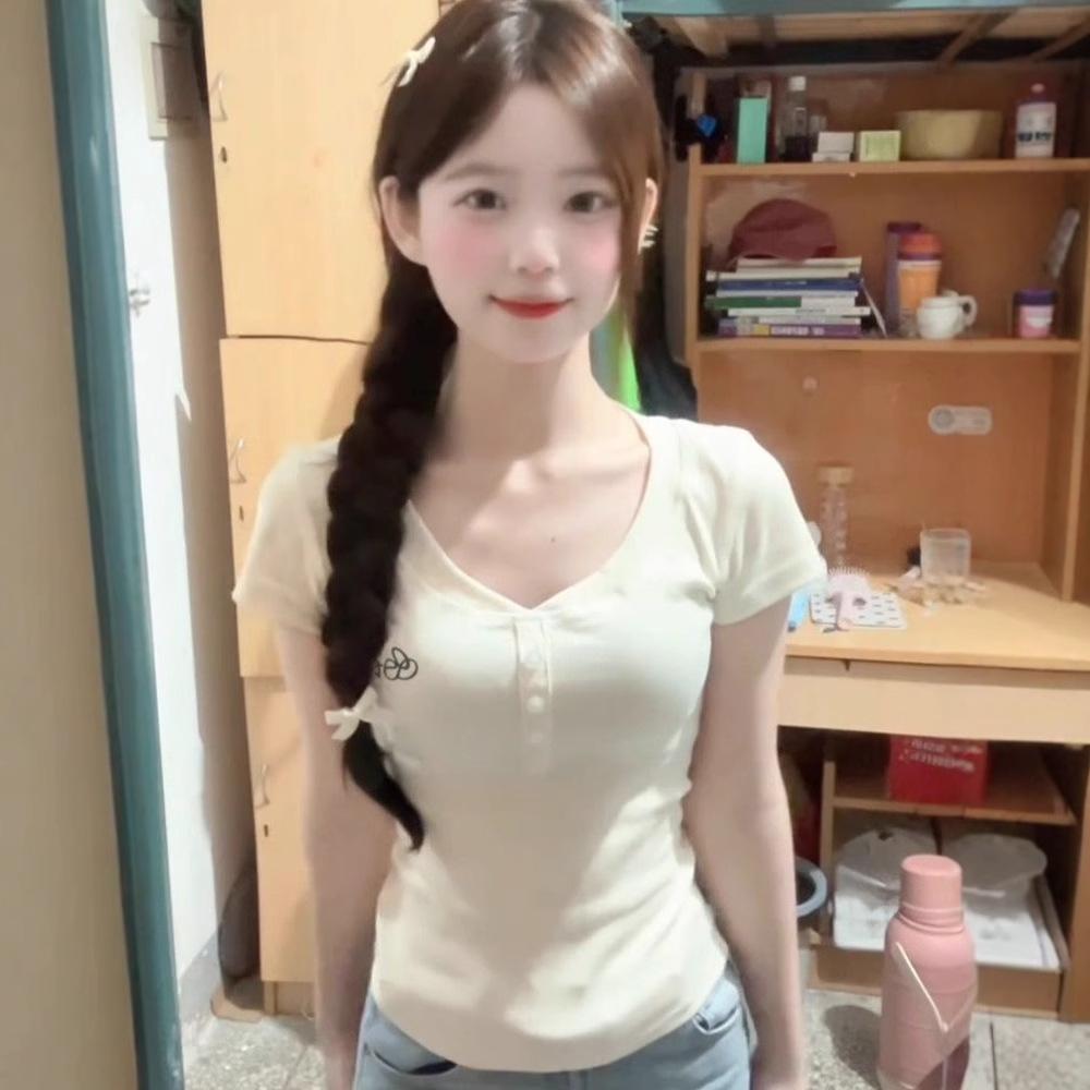 Sweet and Spicy Student Front Shoulder Short Sleeve T-Shirt Women's Summer Dopamine BM Bottom Shirt Short Versatile Slim Top