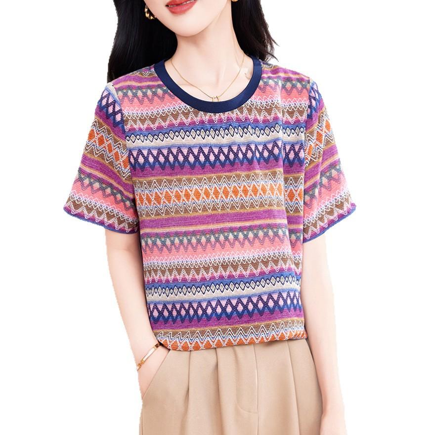 Silk short-sleeved t-shirt women's  new versatile loose casual striped age-reducing mulberry silk top