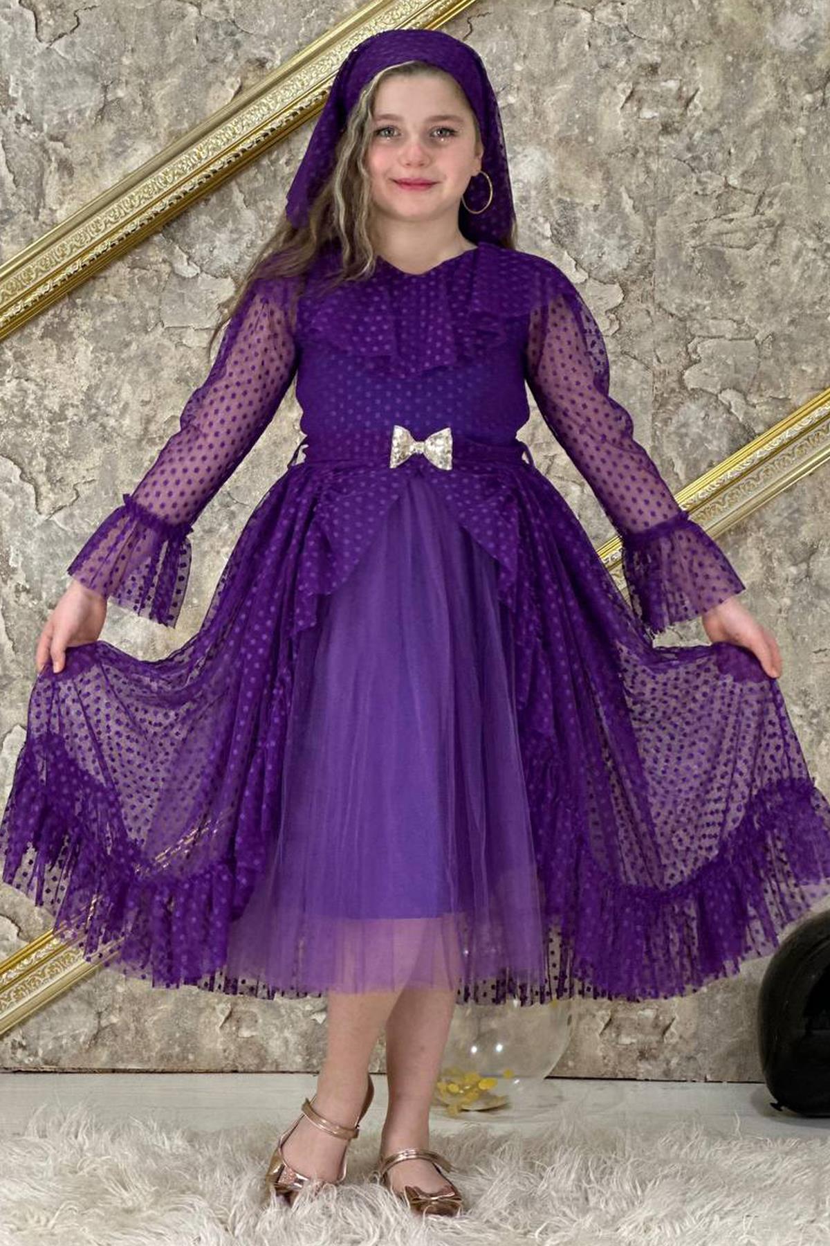 

Юбка в горошек с оборками и воротником для девочки, пышное фиолетовое вечернее платье из тюля для девочек