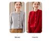 Women's Red Cashmere Round Neck Cardigan - Solid Color, Side Button, Loose, Slimming Knit Outerwear