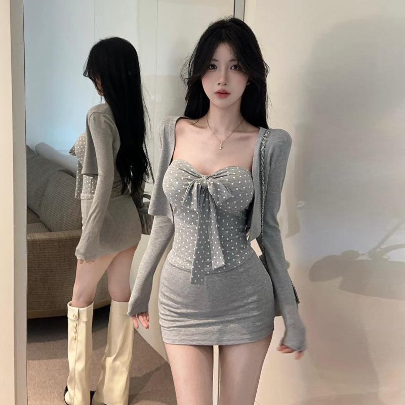 

Polka Dot Bandeau Long Sleeve Top & Bodycon Skirt Set - Sexy Women s Fashion Large