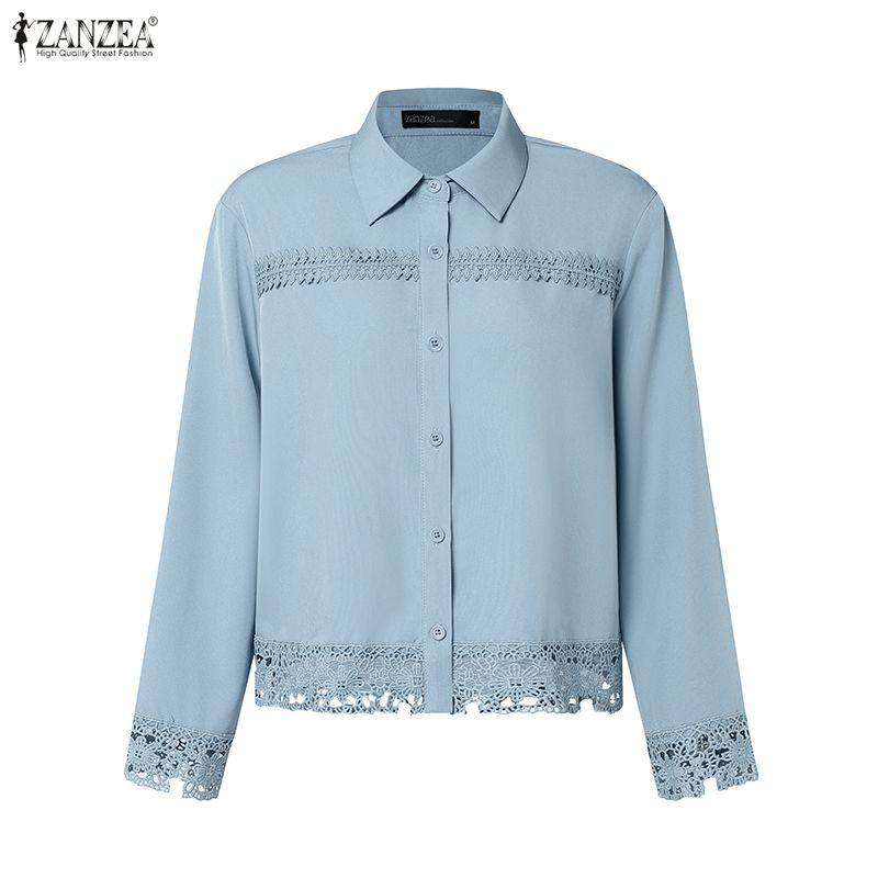 ZANZEA Women Casual Turn Down Collar Loose Lace Crochet Splice Long Sleeve Blouse