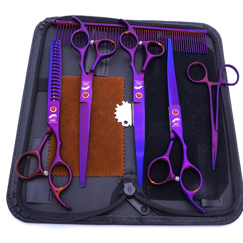 Set di forbici professionali per toelettatura animali domestici da 7 pollici in acciaio inossidabile per cani, incluse forbici dritte, curve, a lisca di pesce e tagliacapelli per orecchie