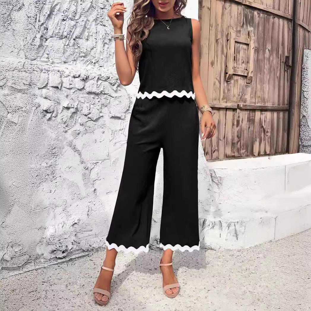 

Модный укороченный жилет с контрастным принтом, брючный костюм, элегантные женские топы без рукавов с v-образным вырезом, широкие брюки, комплект, шикарные женские наряды, большие размеры XS чёрный
