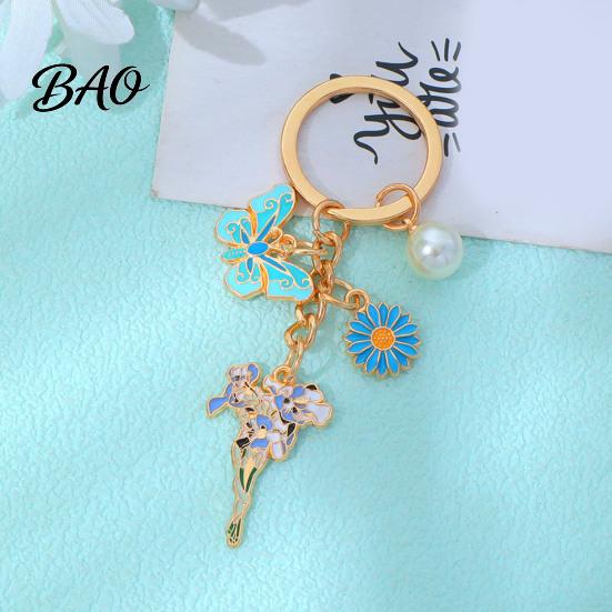 Keychain Pendant with Round Imitation Pearls, Flower Butterfly Enamel Charm Multi-color Key Ring, Pastoral Style Layered Holder Strong Chain Keyring