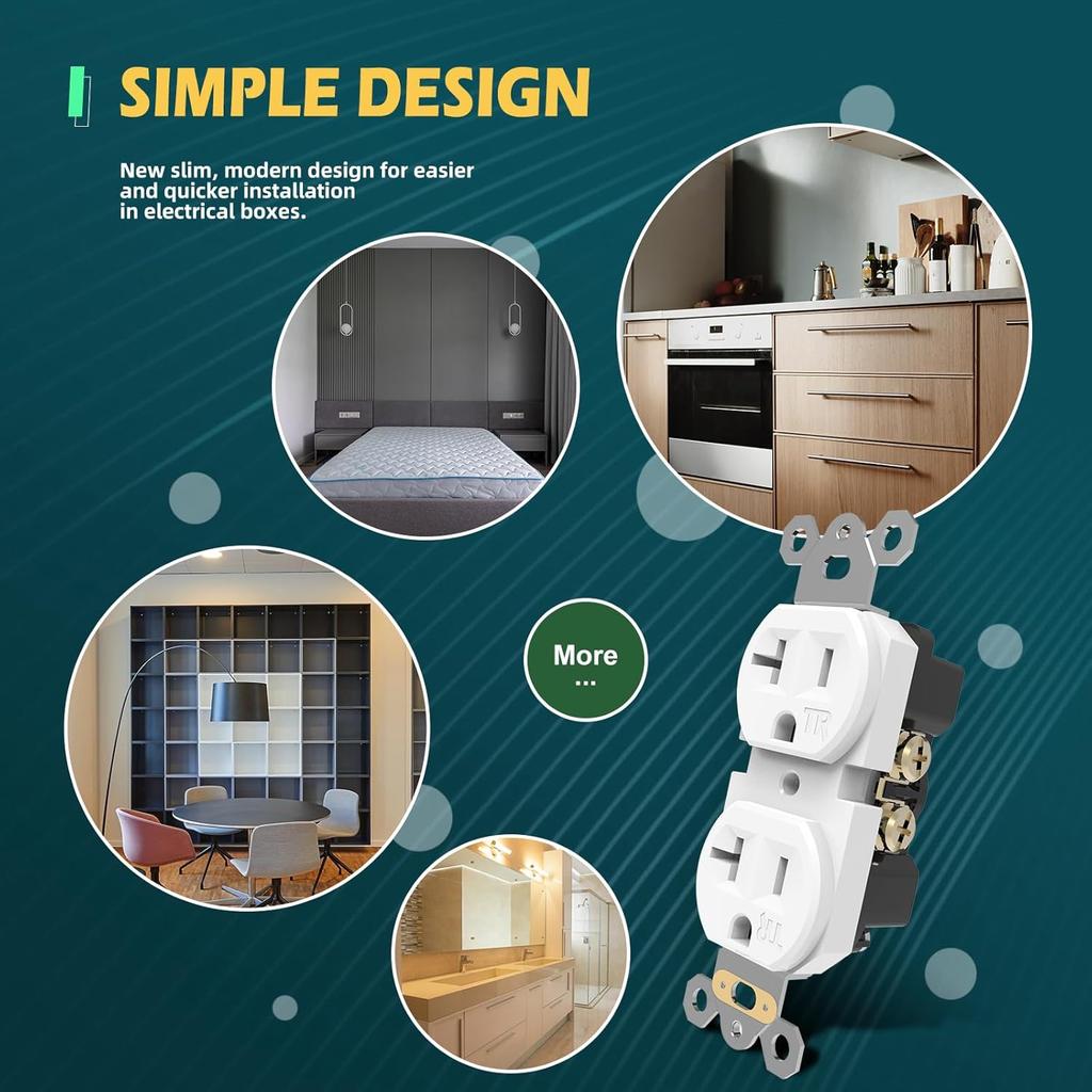 TOPELER Duplex Wall Receptacle Outlets, 20A Tamper-Resistant Electrical Receptacle, 2 Pole 3 Wire, Self-Grounding, Residential Grade Wall Power