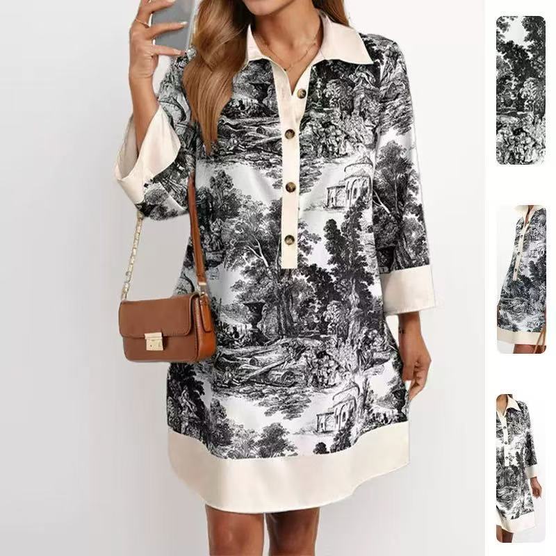 New European and American style printed shirt dress loose lapel long sleeve casual vacation style women s clothing S