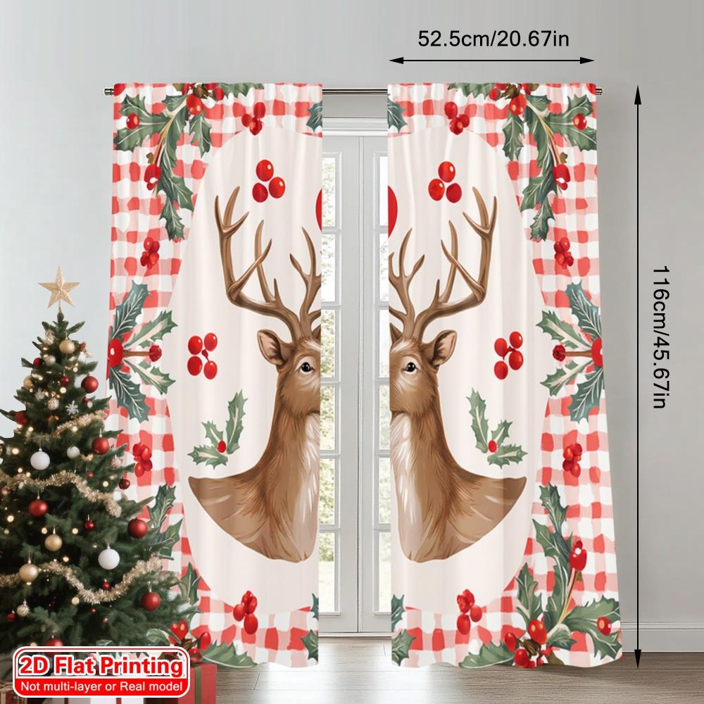 2pcs 2D Flat Printing Christmas Curtains Deer Heart Holly Christmas Fabric Without Electricity Festive Holiday Use for Classroom