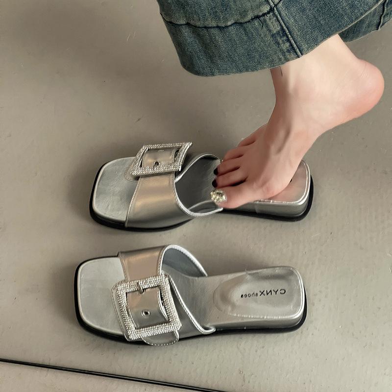 Fashion Versatile Sandals Solid Color Rhinestone Square Buckle One-word Slippers Women's Summer Fashion Wear Slope Heel Beach Cool Slippers