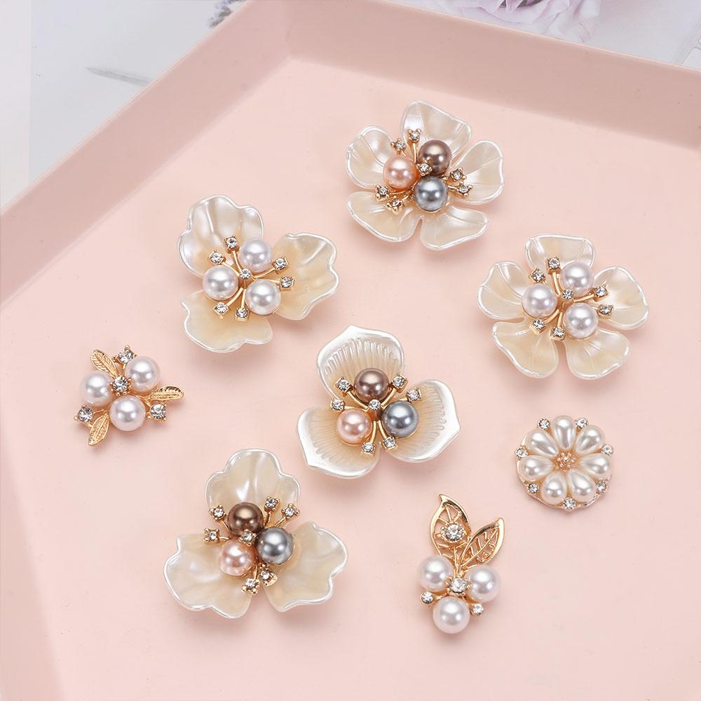 10PCS Flower-shaped Pearl Rhinestone Buttons Sparkling Crystal Hairpins Decoration Buttons Clothes Apparel Sewing Accessories