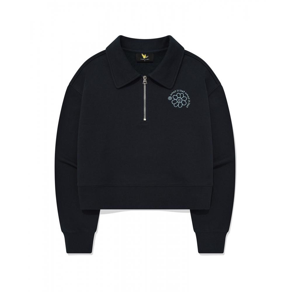 

WHATITISNT Womens Florey Embroidery Half Zip Up Sweatshirt Dark Navy