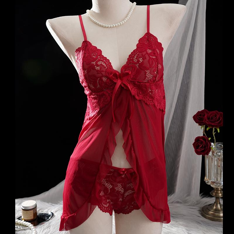 Transparent Red Sexy Lingerie Women's Underwear See Through Sleepwear Lace Nightdress and Panty Pijamas Sets Female Sexy Nighty