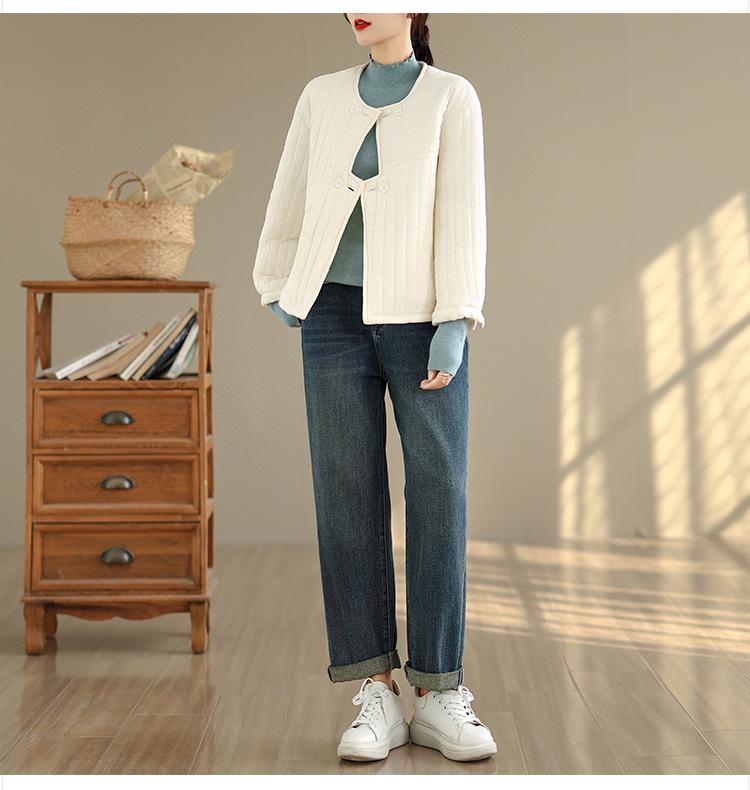Available: Quilted Women's Korean-Style Loose Winter Jacket with Irregular Placket and Round Neck.