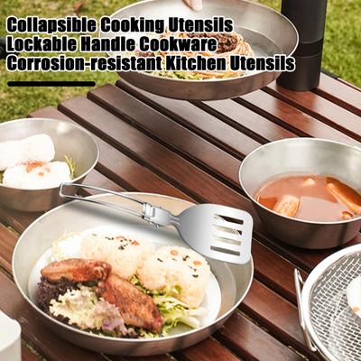 Foldable Stainless Steel Cookware Set with Locking Handle Portable Camping Spatula Spoon Shovel for Traveling Cooking