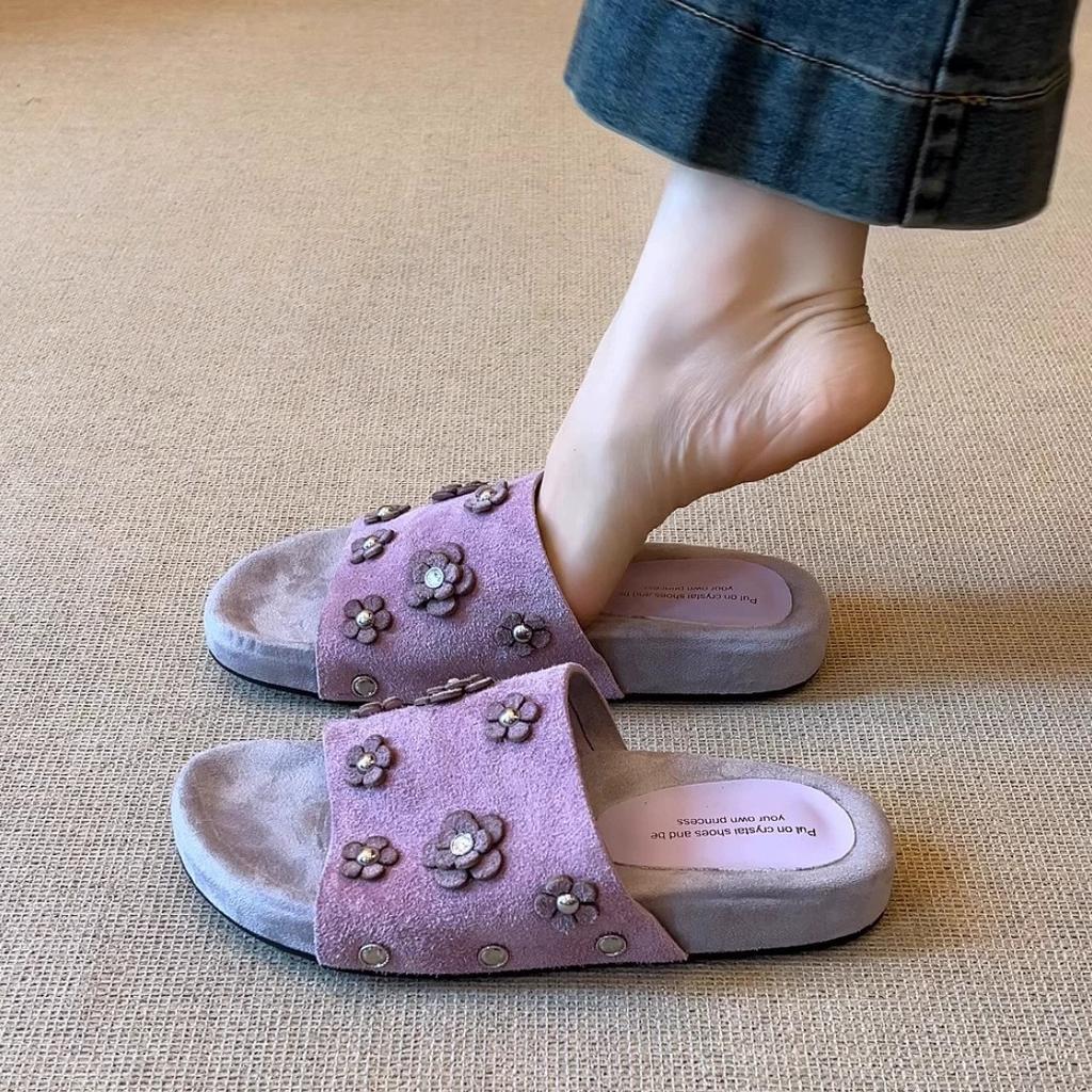 2025 New French Retro Style Fashion Temperament Pearl Flowers Versatile with Skirt Open-toed Platform Slippers Women