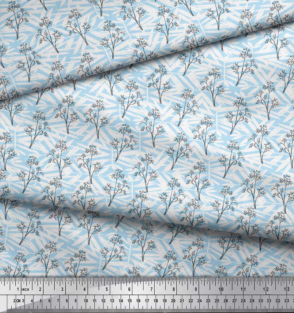 Soimoi Blue Poly Crepe Fabric Silhouette Branch Leaves Print Fabric by metre 42 Inch