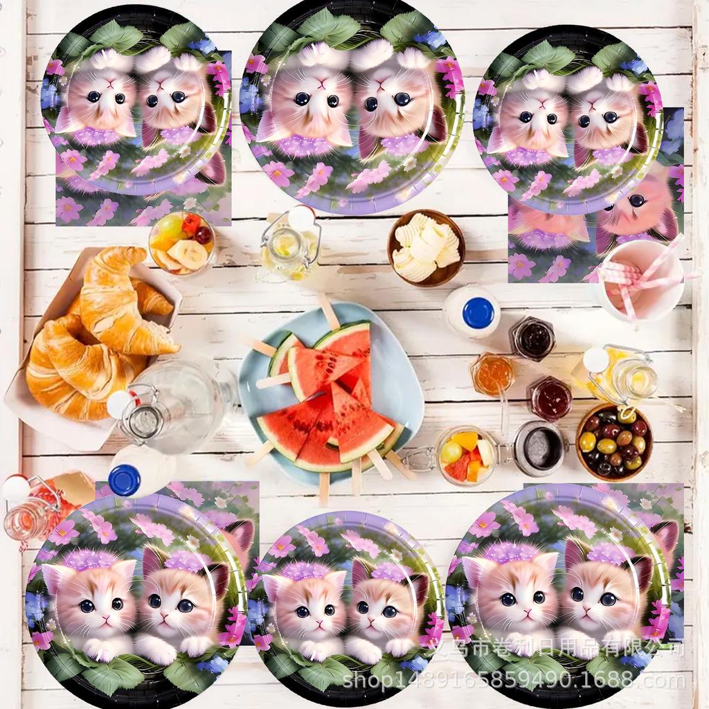 Cat Flower Theme Party Supplies Cat Party Tableware Disposable Paper Plates Paper Cups Paper Towels