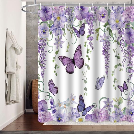 Floral Shower Curtain Spring Farmhouse Bathroom Curtain Waterproof Flowers Butterflies Leaves Bath Curtain with Hooks for Dormitory Shower Bathtub