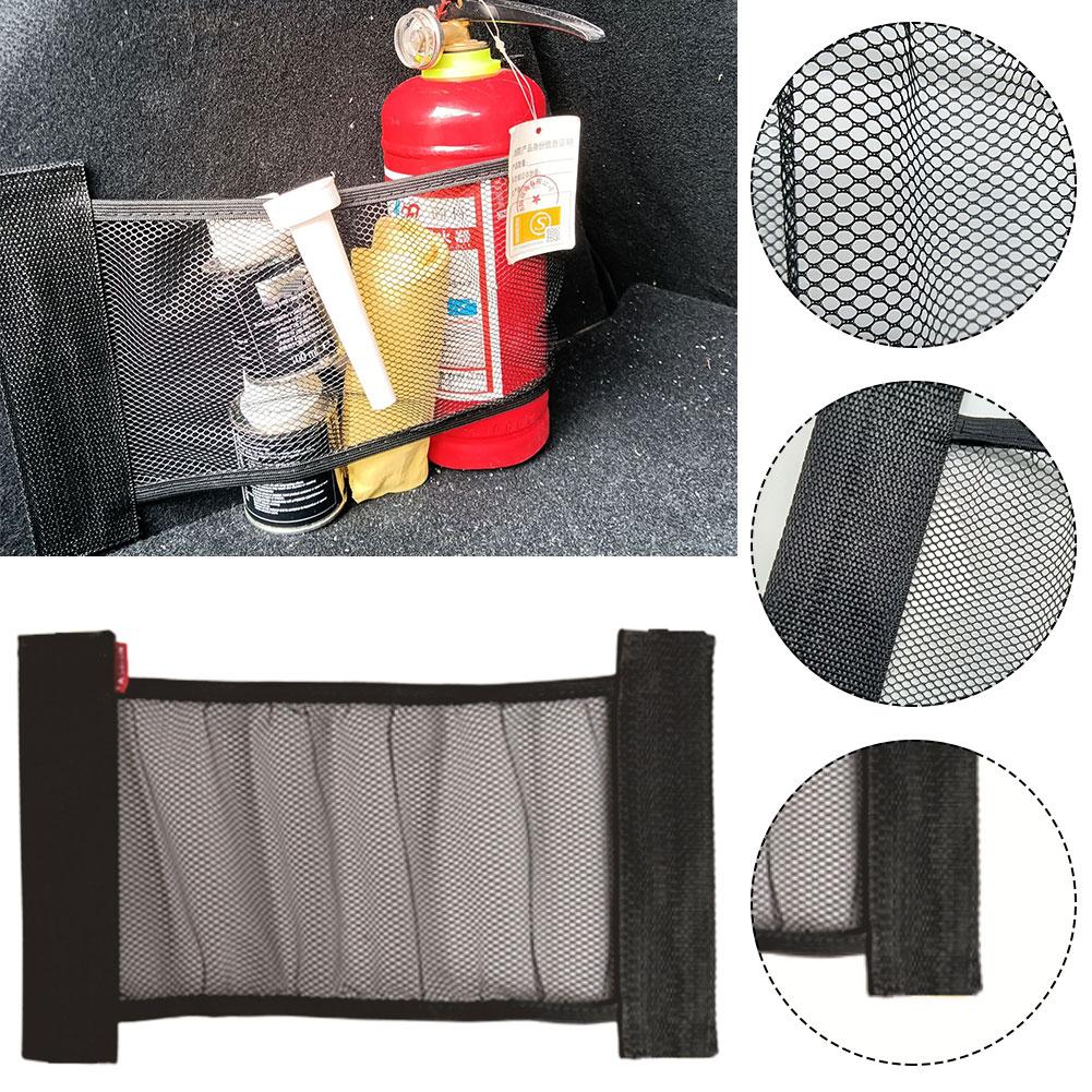 Car Trunk Elastic Mesh Pocket Fixed Straps Car Interior Organizer Extinguisher Storage Net Bag Seat Back Fixing Auto Accessories