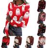 Women's Halloween Print Long Sleeve Neck Ribbed Top for Casual Fashion