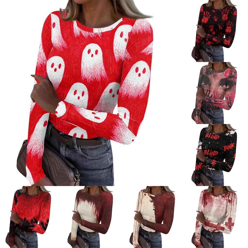 Women's Halloween Print Long Sleeve Neck Ribbed Top for Casual Fashion