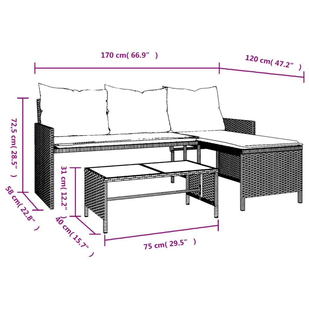 L Shaped Garden Sofa Set with Table and Cushions Black Poly Rattan