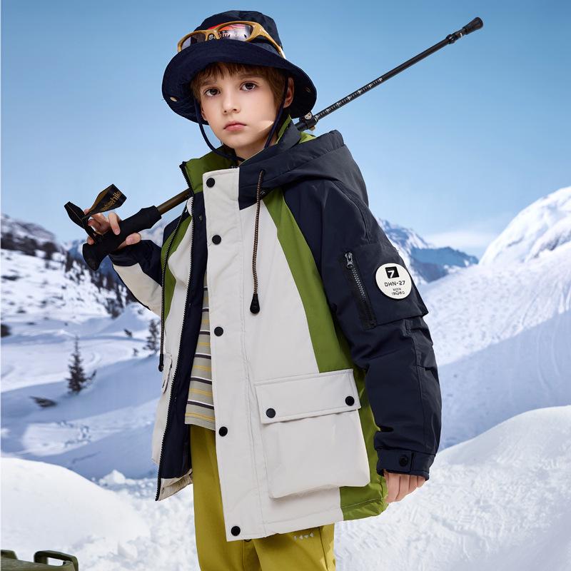 

Boys Colorblock Hooded Down Jacket - Thickened Outdoor Casual Parka 150cm Fill 205g зелений